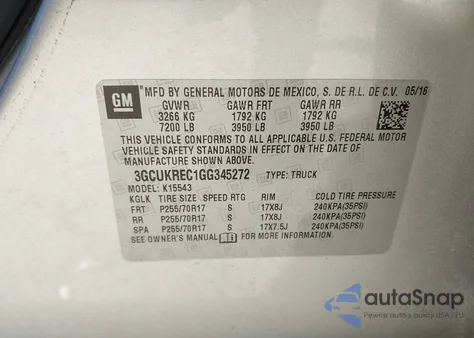 2016 Chevrolet Silverado 1500 1Lt z USA, uszkodzony, nr VIN 3GCUKREC1GG345272